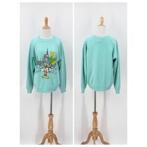 VINTAGE DISNEY Sweatshirt Large Teal Mickey Mouse Castle Balloons Crew Tultex